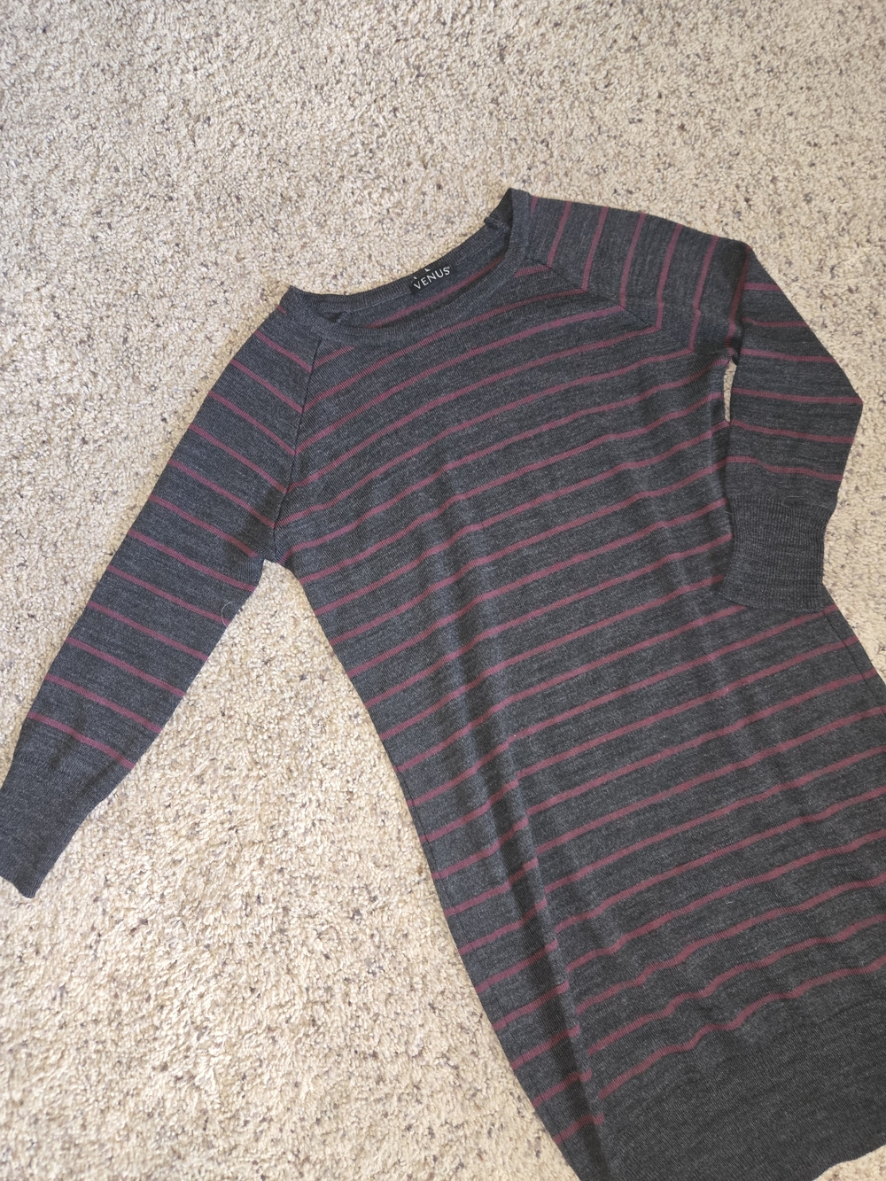 VENUS Charcoal Gray & Burgundy Striped Sweater Dress
